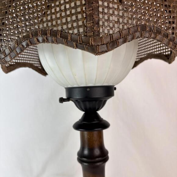 Vintage 70's Tropical BAMBOO LAMP Wicker Shade White Glass Globe Boho Chic - Picture 12 of 15